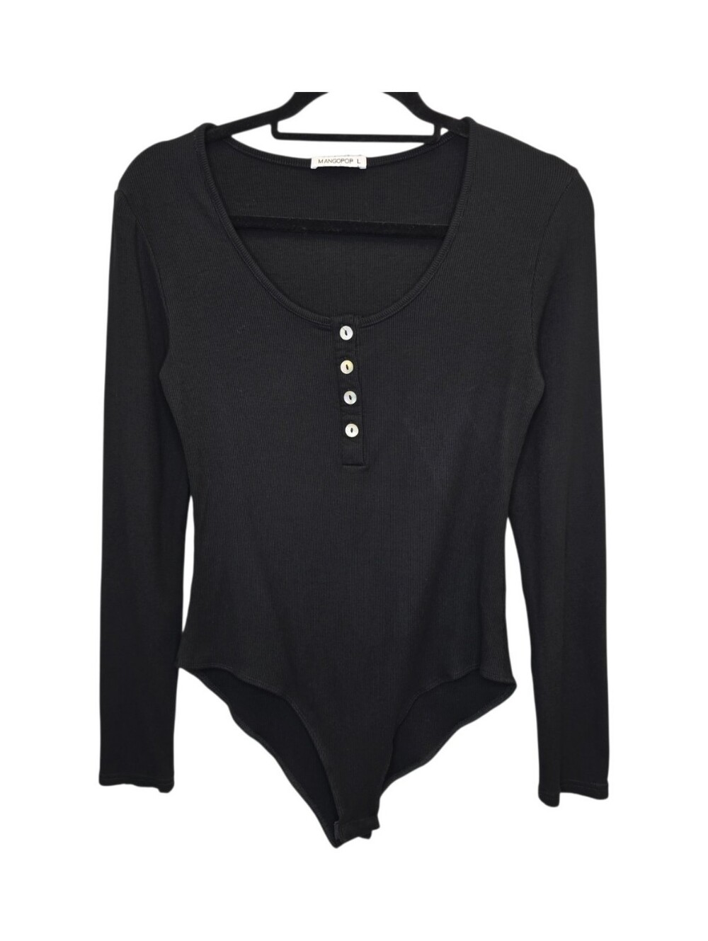 Mangopop Women's L Black Ribbed Henley Long-Sleeve Black Bodysuit